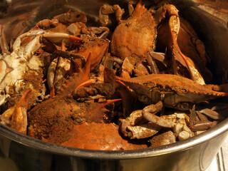 MD blue crabs in pot - cooked