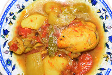 Asian Food Plate. Chicken, Vegetables, Curry Serving