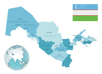 Uzbekistan administrative blue-green map with country flag and location on a globe.