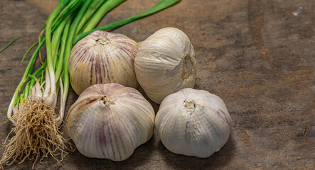 Garlic bulb and leaves on old wooden background