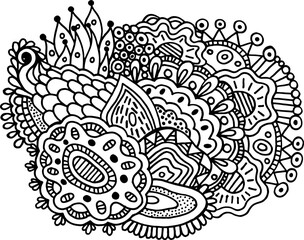 Surreal doodle mandala for coloring book for adults. Coloring page with floral abstract motifs. Psychedelic texture. Zentangle pattern. Vector illustration