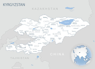 Blue-gray detailed map of Kyrgyzstan administrative divisions and location on the globe.