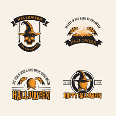 Halloween logo design inspiration, vector collection of halloween stickers. Skull magic hat, magic book and hands, magic ball with hands.