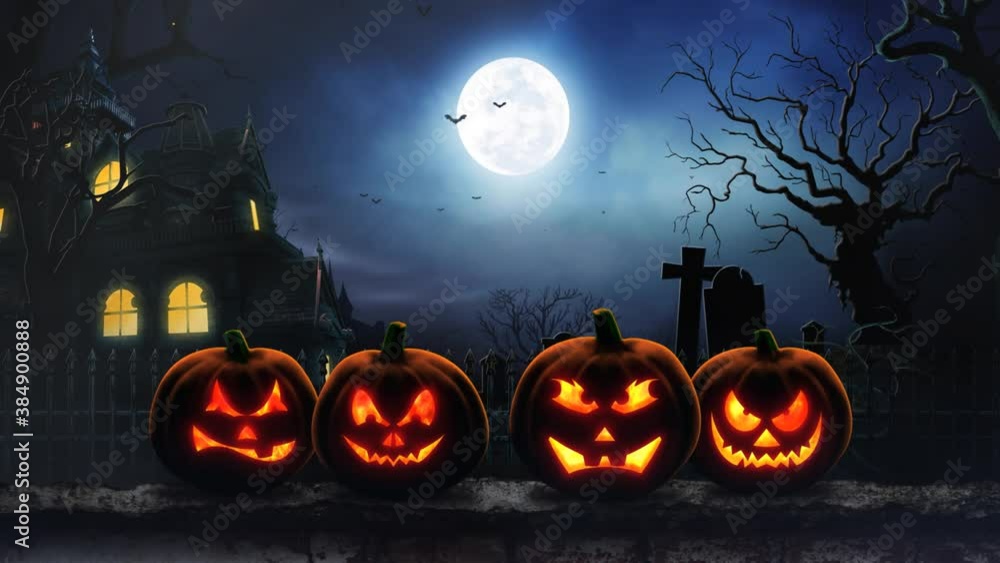 Wall mural four jacks on a graveyard wall 4k looping background features four jack-o-lanterns on a wall with fi