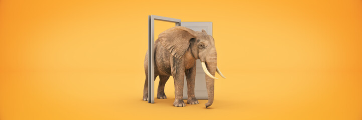 The big elephant enters opened door. 3d rendering
