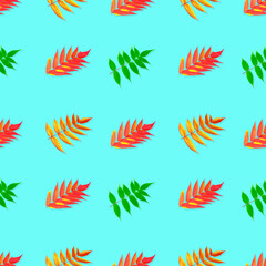 Seamless pattern. Colorful Autumn leaves isolated on a blue background