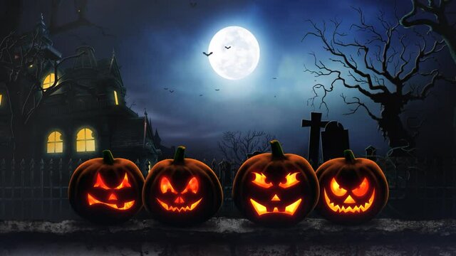 Four Jacks on a Graveyard Wall 4K Looping Background features four Jack-O-Lanterns on a wall with fire inside with a creepy house and graveyard in the background in a loop