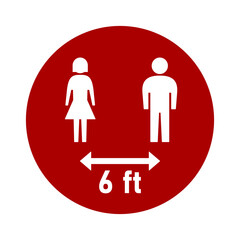 Keep Your Distance 6 ft or 6 Feet Round Social Distancing Instruction Sticker Icon with Male and Female Figures. Vector Image.
