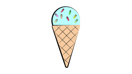 ice cream sweet, milk in a waffle cup, on a white background, vector illustration. scoop of turquoise ice cream with sugar sprinkles. fruit sweet ice cream