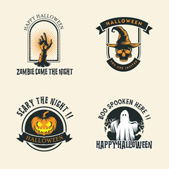 Halloween logo design inspiration, vector collection of halloween stickers. zombie, pumpkin, sphere, hands, cauldron, magic book.
