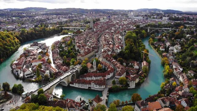 Aerial view over the city of Bern - the capital city of Switzerland - the historic district from above