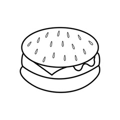 black and white burger, vector illustration. white burger with black line. sesame seeds and seeds are drawn on top. appetizing buns, junk food. fast food, image for cafe