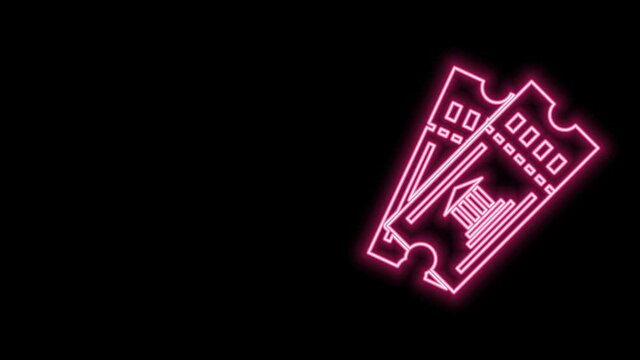 Glowing neon line Museum ticket icon isolated on black background. History museum ticket coupon event admit exhibition excursion. 4K Video motion graphic animation