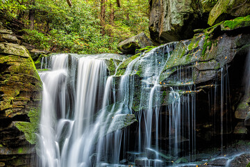 Blackwater Falls famous Elakala waterfall closeup in State Park in West Virginia during autumn fall season with long exposure of water