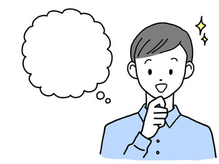 顔に手をあて考える笑顔の若い男性 マスク 吹き出し