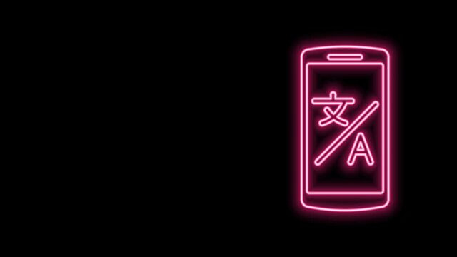 Glowing neon line Online translator icon isolated on black background. Foreign language conversation icons in chat speech bubble. Translating concept. 4K Video motion graphic animation