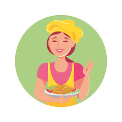 Young cute girl chef. Vector illustration, character design, logo, emblem, postcard