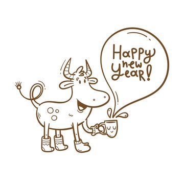 Vector card with a cute bull. A cheerful calf is drinking tea from  mug. Funny animal symbol of the Chinese New Year. Contour image no fill.