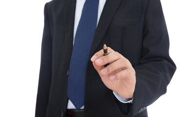 A man in a suit and tie holds a signature pen in his hand