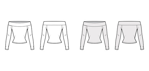 Off-the-shoulder stretch top technical fashion illustration with long sleeves, close-fitting shape. Flat shirt outwear apparel template front back white grey color. Women, men unisex blouse CAD mockup