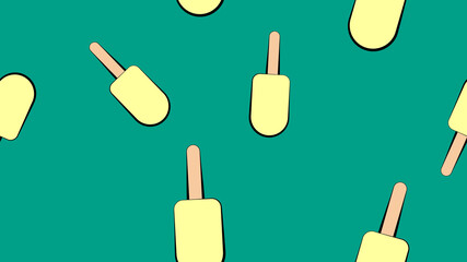 ice cream sweet, milk, popsicle white on a stick on a green background, vector illustration, pattern. a delicious dessert for children and adults. wallpaper for shop with desserts