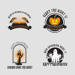 Halloween logo design inspiration, vector collection of halloween stickers. hands, magic book, pumpkin, zombie, ghost.