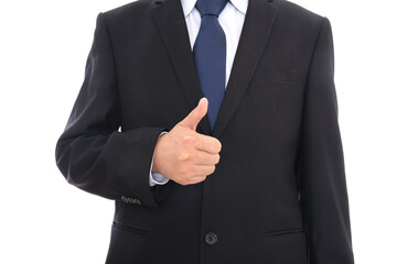 Thumbs up male hand in black suit