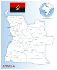Detailed Angola administrative map with country flag and location on a blue globe. Vector illustration