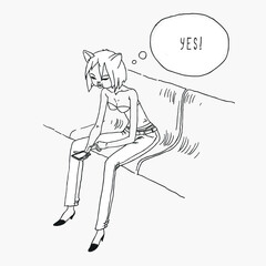 sitting young lady cat holds smart phone, hand draw doodle style vector illustration