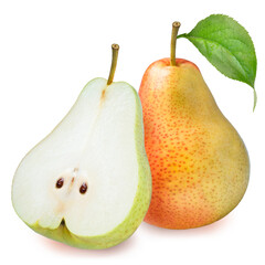 Fresh pears isolated on white background, Red pear with cut piece on a white with clipping path 