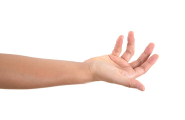 Hand with one hand facing up on white background