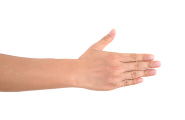 Hand with a hand turned towards the camera in front of white background