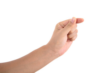 Pinch something with one hand in front of a white background