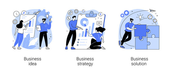 Business plan abstract concept vector illustration set. Business idea, strategy and solution, company achievement, problem solving, decision making, effective performance, roadmap abstract metaphor.