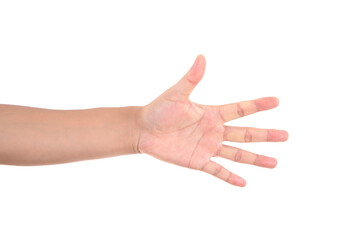In front of a white background, one hand with five fingers stretched out and facing the camera