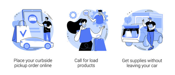 Curbside pickup abstract concept vector illustration set. Place your curbside pickup order online, get supplies without leaving car, call for load products, contactless payment abstract metaphor. © Visual Generation