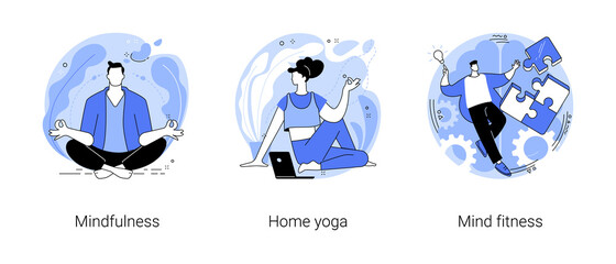 Mental health abstract concept vector illustration set. Mindfulness, home yoga, mind fitness, self-consciousness, focusing and releasing stress, anxiety treatment, quarantine abstract metaphor.