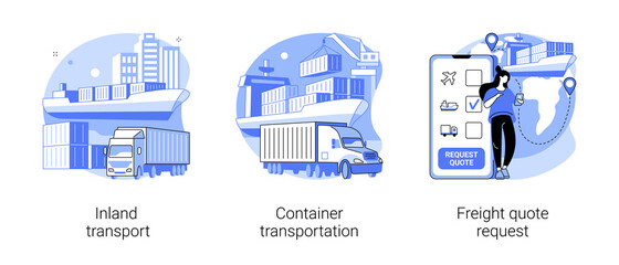 Logistics service provider abstract concept vector illustration set. Inland transport, container transportation, freight quote request, land port, ship loading, shipping proposal abstract metaphor.