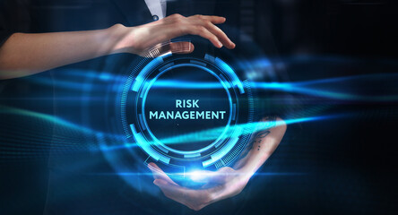 Business, technology, internet and network concept. Young businessman thinks over the steps for successful growth: Risk management