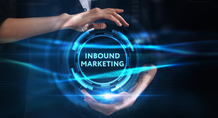 Business, technology, internet and network concept. Young businessman thinks over the steps for successful growth: Inbound marketing