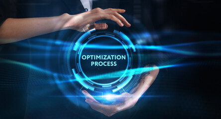 Business, technology, internet and network concept. Young businessman thinks over the steps for successful growth: Optimization process