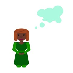 A dark-skinned woman with curly hair in a green dress with sleeves and a belt thinks about something