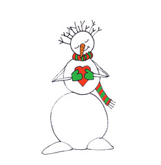 snowman in a scarf and mittens with red heart in his hands, graphic color linear drawing on a white background