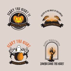 Halloween logo design inspiration, vector collection of halloween stickers. pumpkin, cauldron, zombie, hands, magic book, ghost.