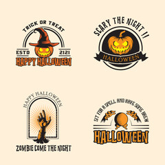 Halloween logo design inspiration, vector collection of halloween stickers. pumpkin, magic hat, sphere, zombie.