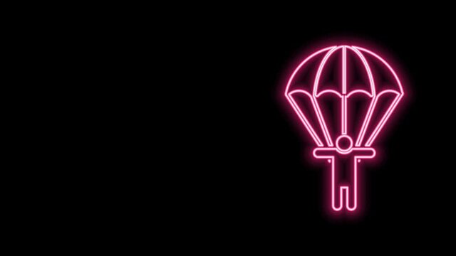 Glowing neon line Parachute and silhouette person icon isolated on black background. 4K Video motion graphic animation
