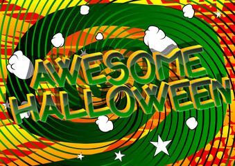 Awesome Halloween Comic book style cartoon words on abstract colorful comics background.