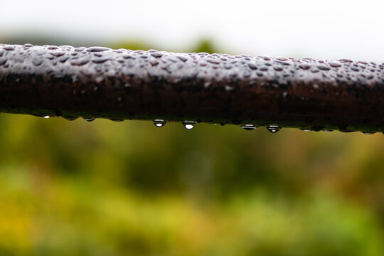 Rusty metal pipe with drops of rain water crossing the image from left to right with green background out of focus for placing copy text