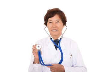 Senior Chinese female doctor holding stethoscope in hand, preparing for consultation