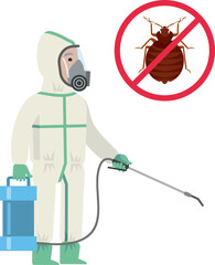 A disinfector in a protective suit, in a mask with disinfection equipment, sprays a disinfectant. Fighting bedbugs. Disinfection. Flat infographics. Vector illustration